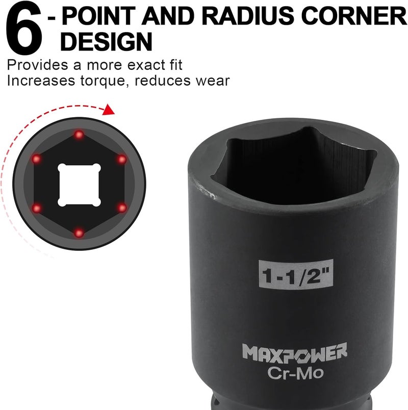 Max Power 3/4 Inch Drive 1-1/2 Inch Deep Impact Socket with 6-Point Design, Made with Heat-Treated Chrome Molybdenum Steel, SAE - Image 3